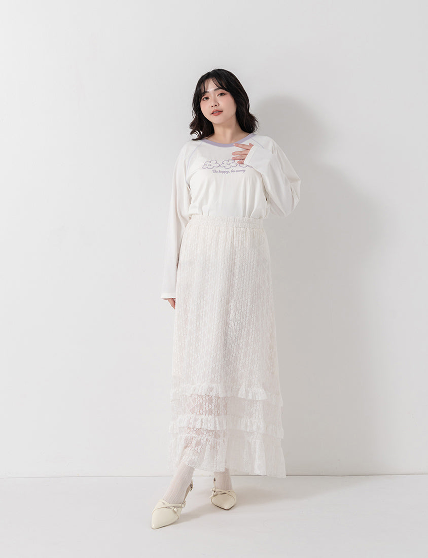 Contrast Floral Puff Print Long-Sleeve Plus Size Tee