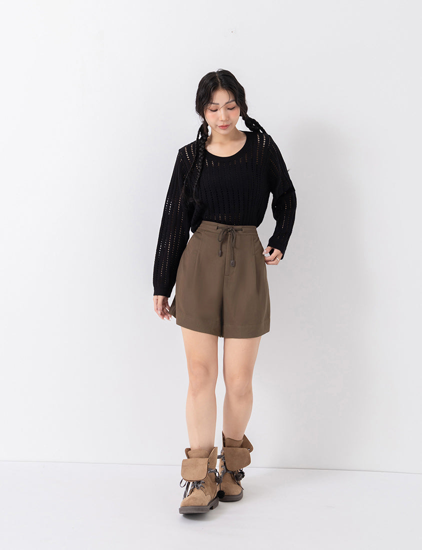 Crew Neck Openwork Ribbed Knit Long Sleeve Plus Size Top