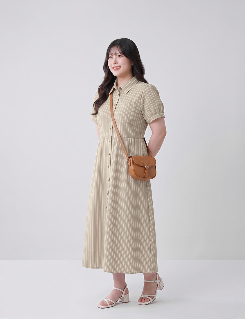 Japanese Contrast Stripe Shirt Collar Plus Size Maxi Dress