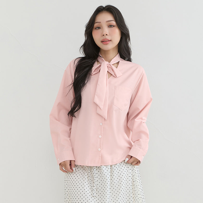 Korean Style Tie Neck Long Sleeve Plus Size Blouse