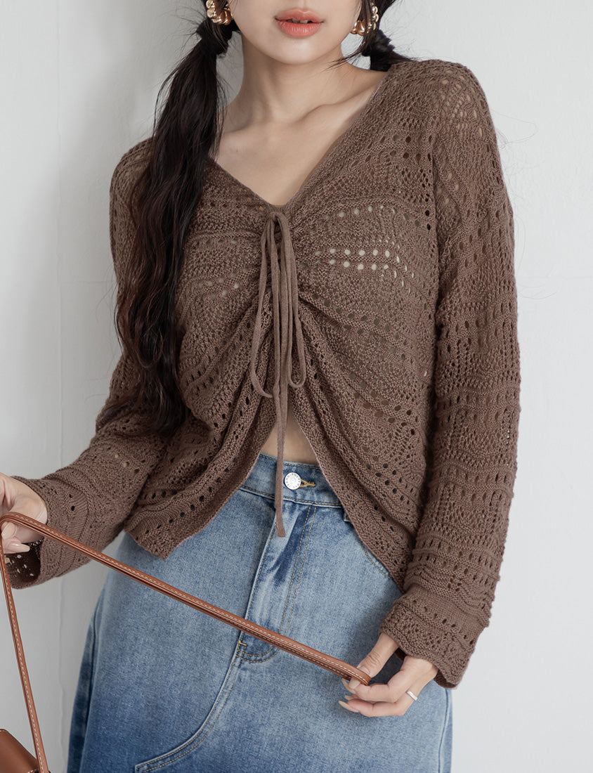 MUA! Lace Openwork Drawstring Knit Plus Size Top