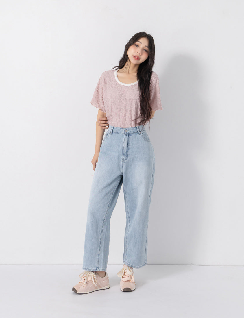 Sweet Colorful Contrast Trim Crinkle Plus Size Tee