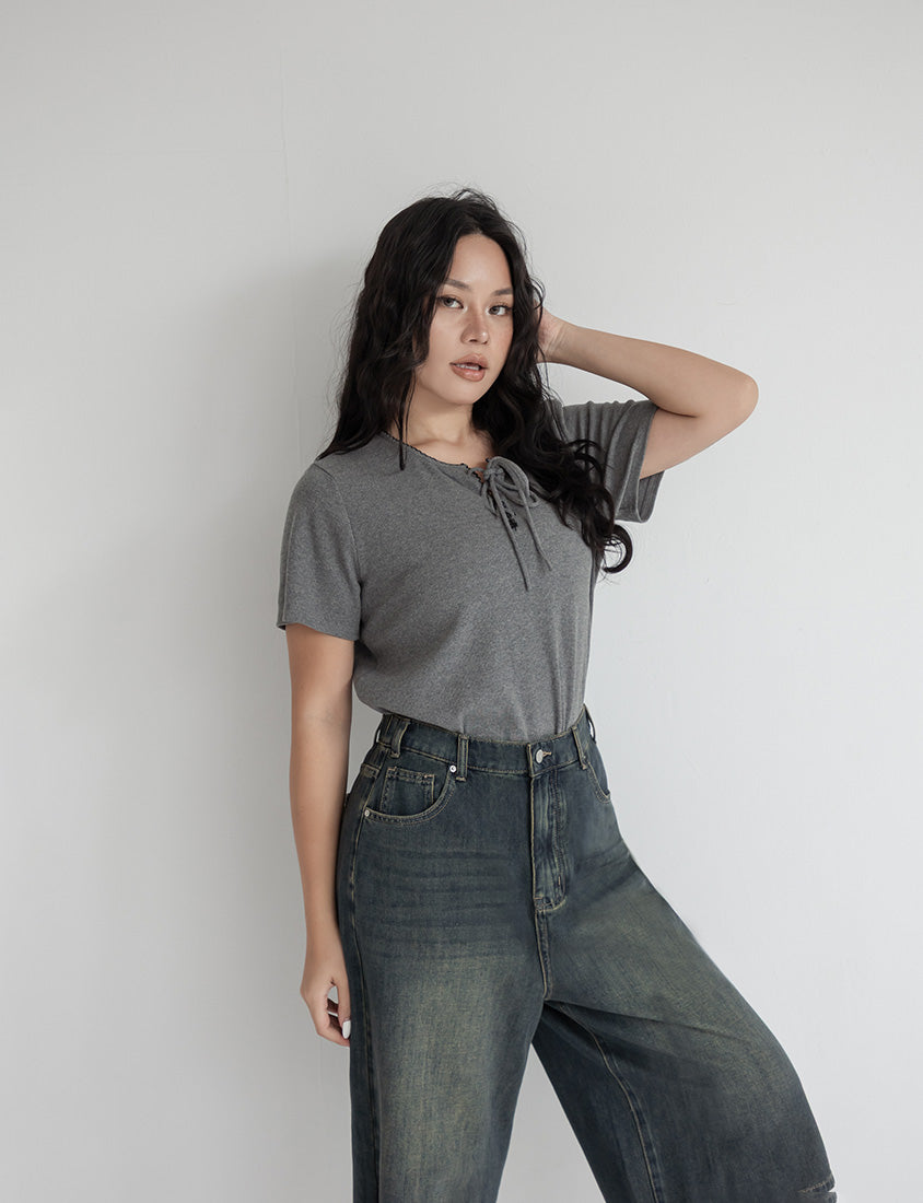 Ruffle Trim Ribbed Tie Front Short Sleeve Plus Size Top