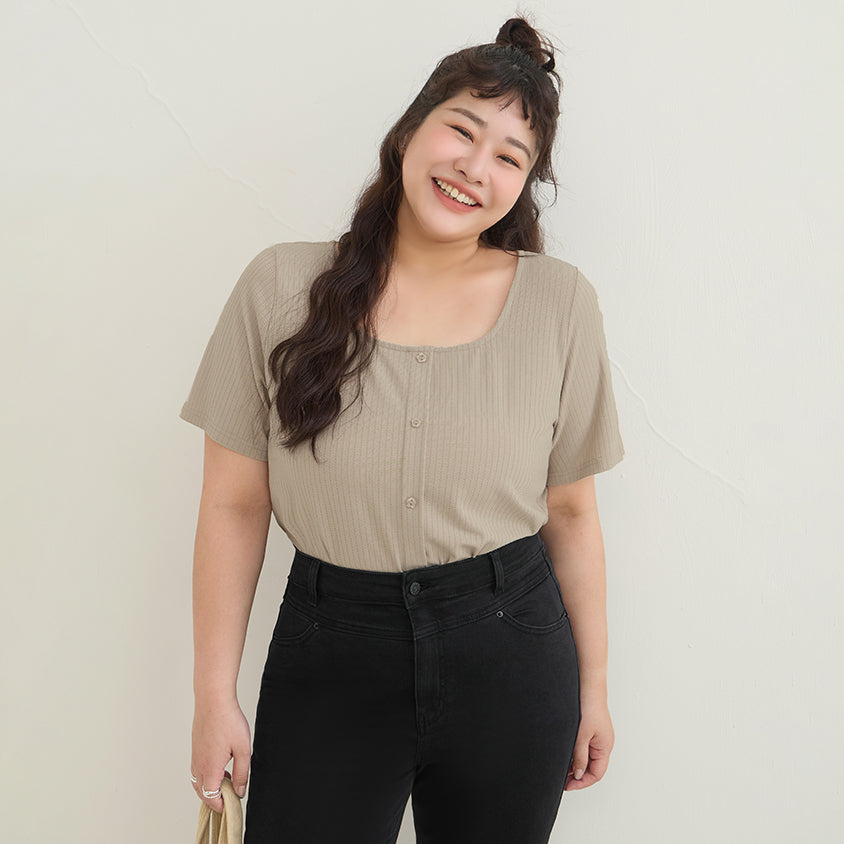 Square Neck Floral Faux Button Waffle Plus Size Top