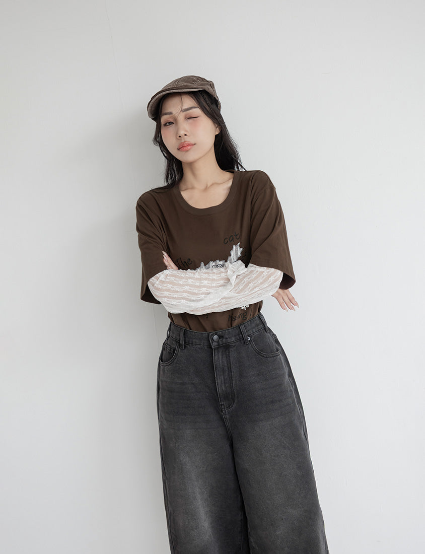 Contrast Lace Cat Faux Two-Piece Plus Size Tee