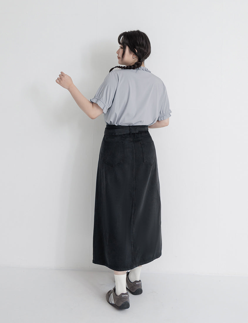 Lyocell Twill A-Line Plus Size Maxi Skirt (With Belt)