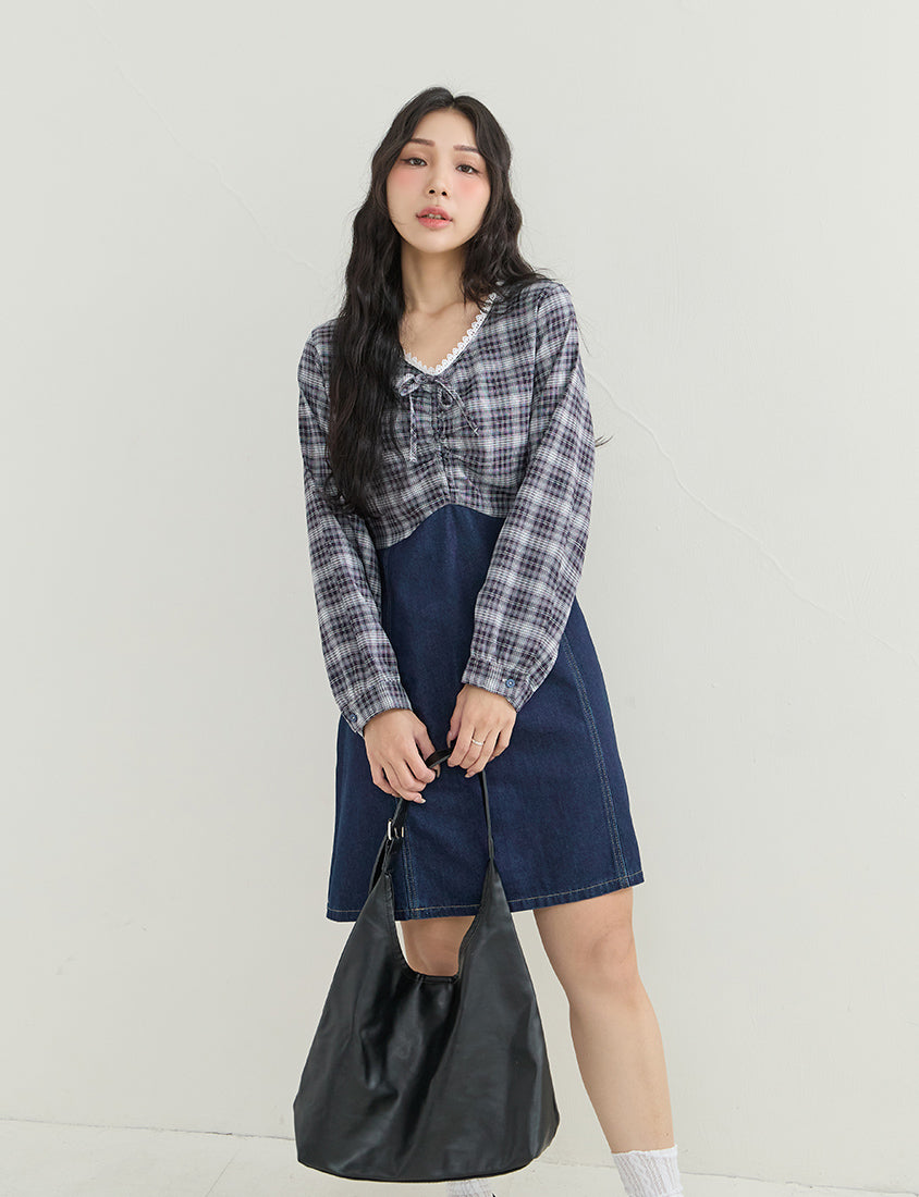 Vintage Plaid Faux Two-Piece Denim Plus Size Mini Dress