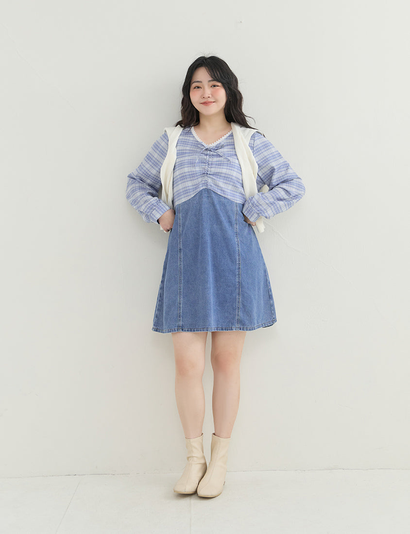 Vintage Plaid Faux Two-Piece Denim Plus Size Mini Dress