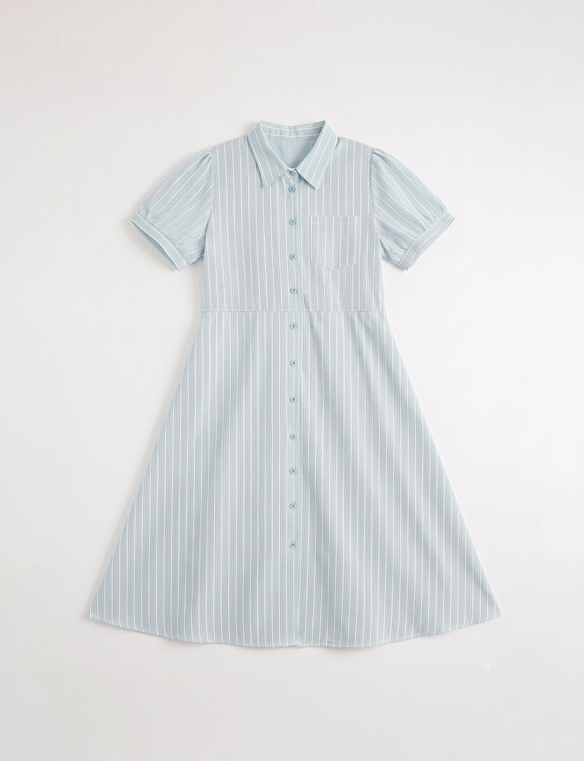 Japanese Contrast Stripe Shirt Collar Plus Size Maxi Dress