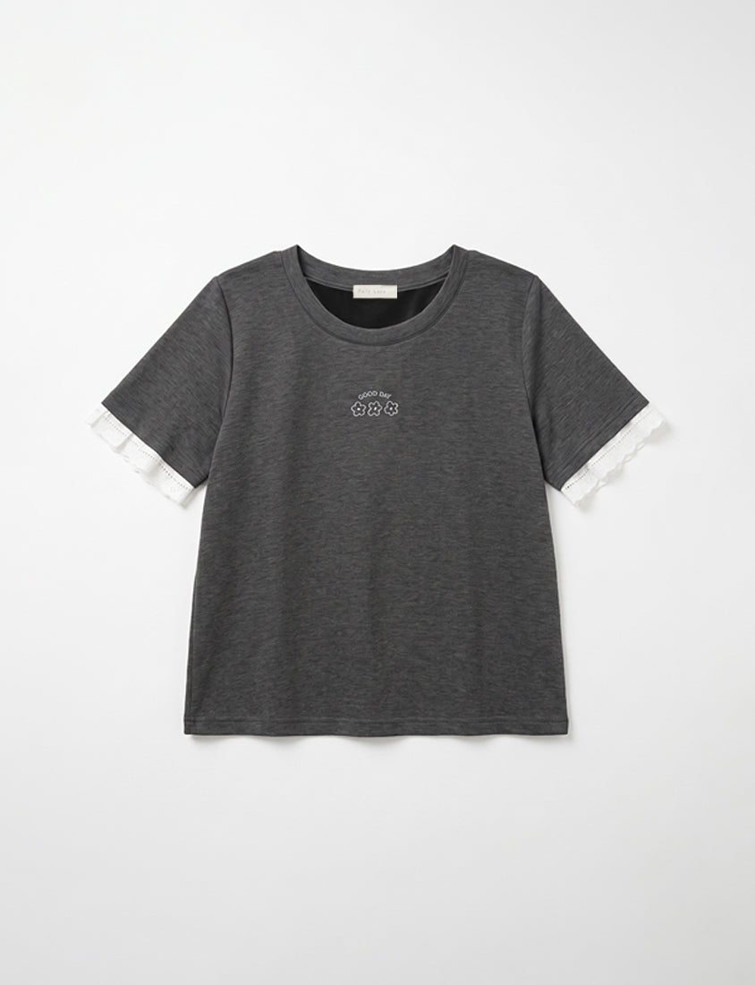 Lace Trim Floral Cloud Cotton Plus Size Tee