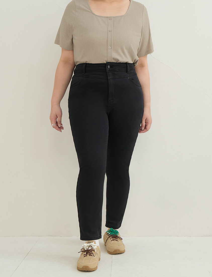 Square Neck Floral Faux Button Waffle Plus Size Top