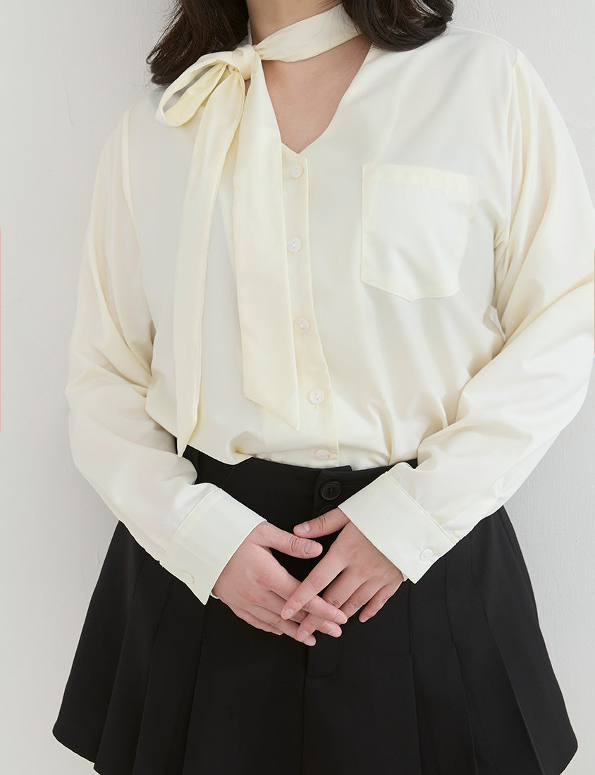 Korean Style Tie Neck Long Sleeve Plus Size Blouse