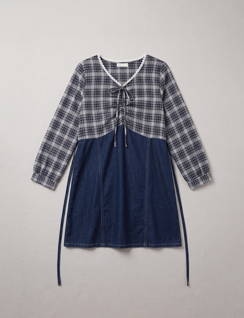 Vintage Plaid Faux Two-Piece Denim Plus Size Mini Dress
