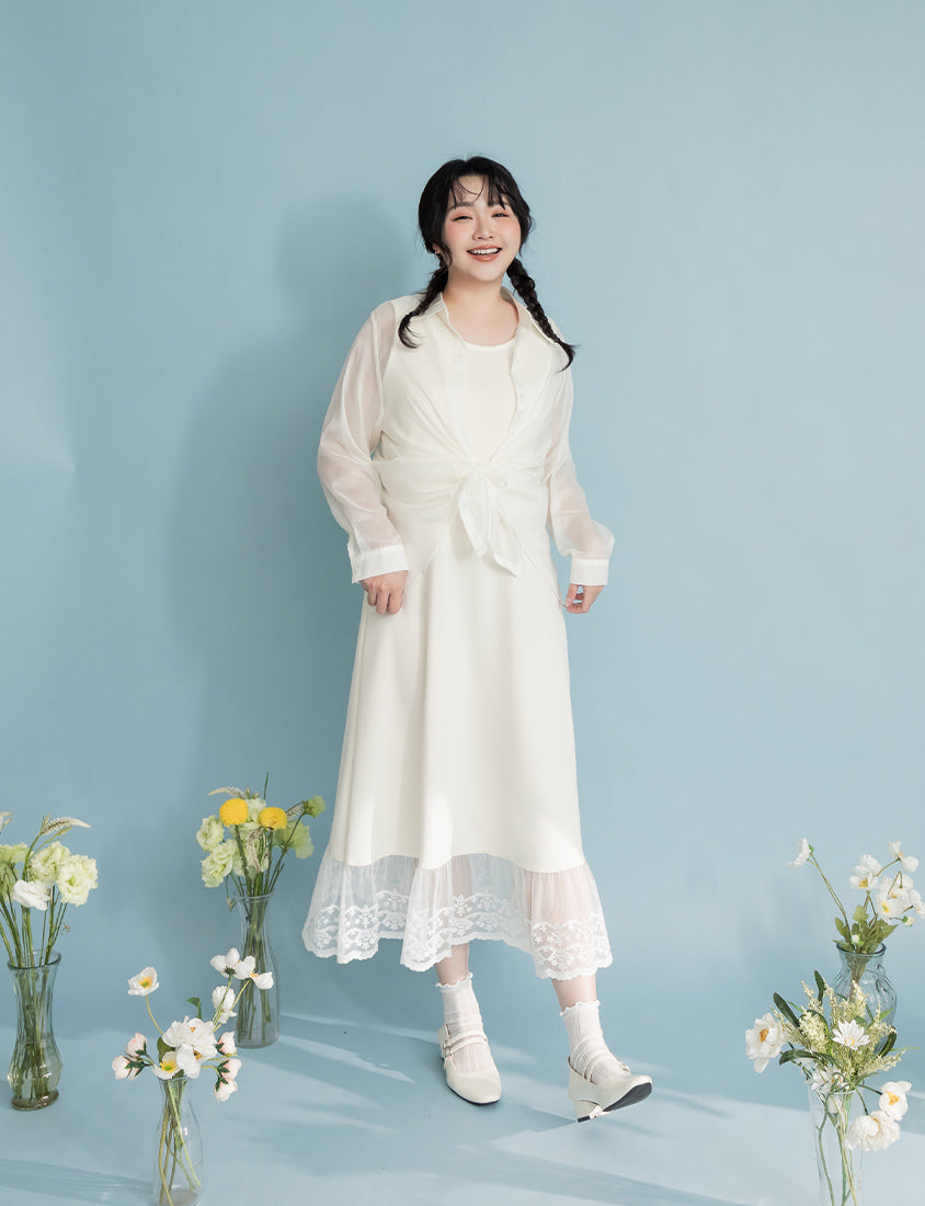 Creamy Cloud Cotton Lace Panel Plus Size Maxi Dress