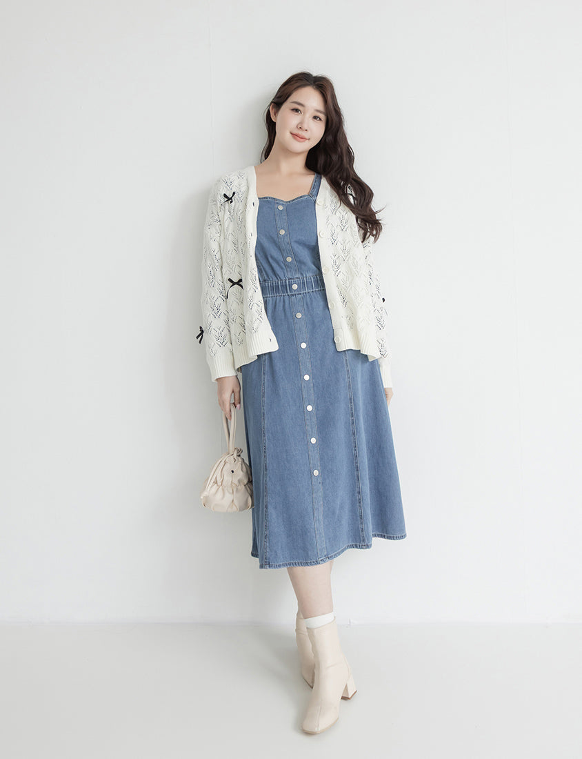 Smock-Waisted Square Neck Faux-Button Denim Plus Size Maxi Dress