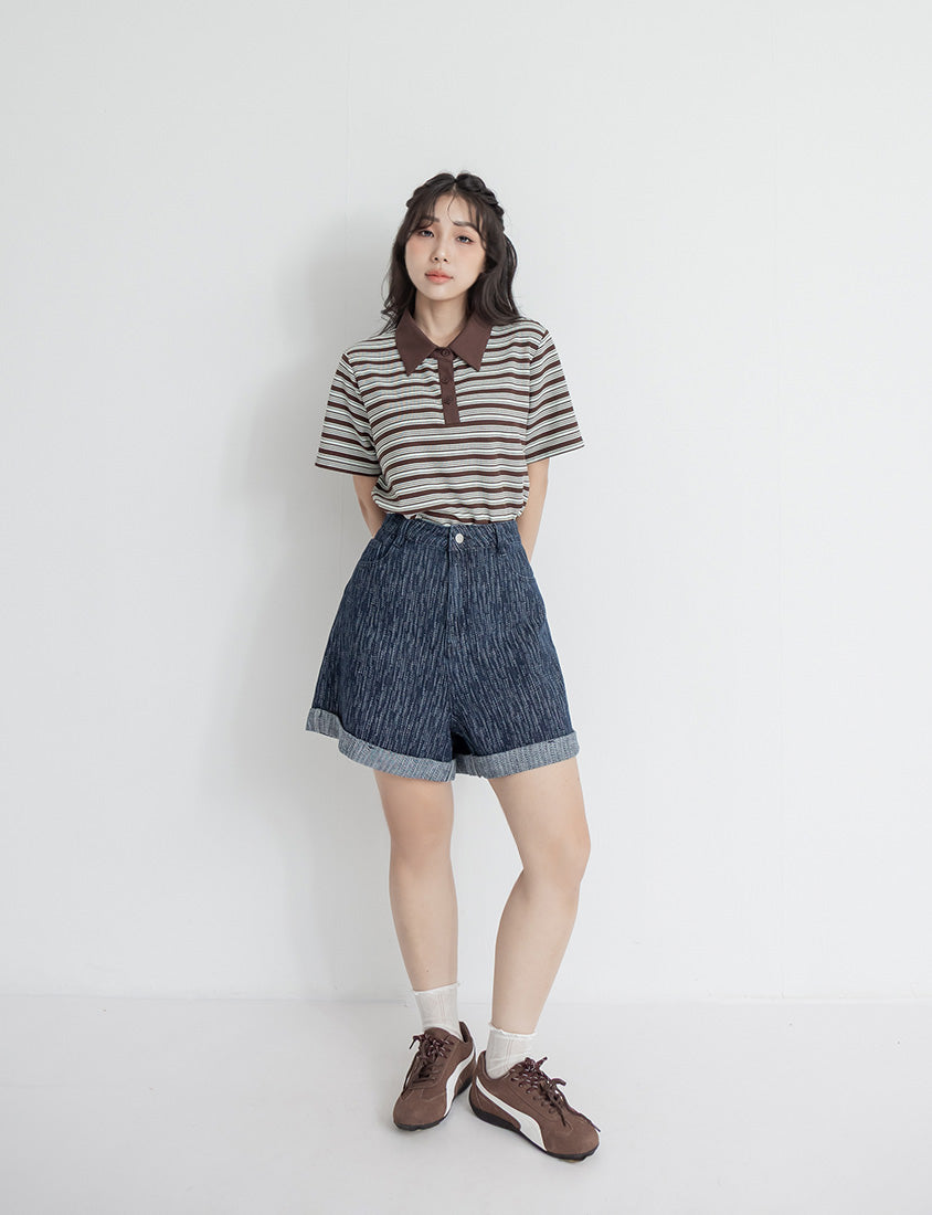 Textured Two-Tone Denim Cuffed Plus Size Shorts