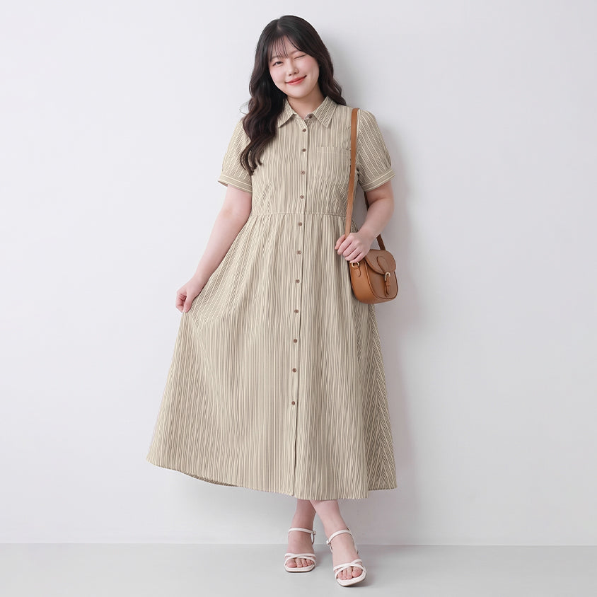 Japanese Contrast Stripe Shirt Collar Plus Size Maxi Dress